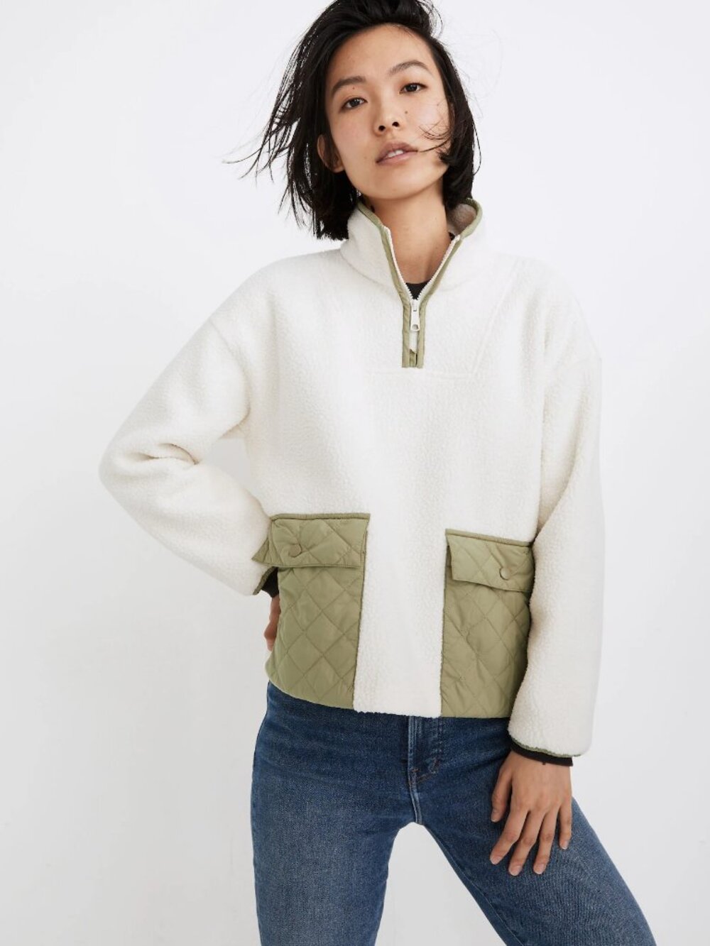 Madewell (Re)sourced Fleece Quilted-Pocket Popover Jacket Cream Olive Size M